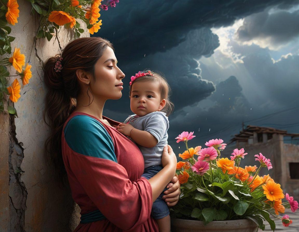 A nurturing Mamasita standing strong amidst a stormy backdrop, holding her child close, embodying resilience. Surround her with symbols of hope, like blooming flowers breaking through concrete, a sun peeking through dark clouds, and soft rain turning into droplets of light. The scene should convey warmth and strength, highlighting her calm expression. Use vibrant colors to enhance the emotional depth, merging realism with a touch of fantasy. super-realistic. vibrant colors. 3D.