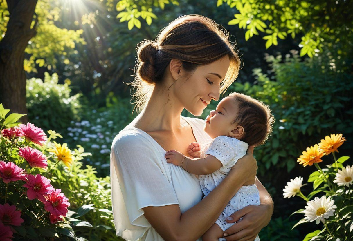 A serene scene depicting a mother nurturing her child in a sunlit garden, surrounded by blooming flowers symbolizing growth and empowerment. The background transitions from dark shadows to bright sunlight, representing the journey from struggle to wellness. The mother's expression is radiant with joy and strength, while soft rays of sunlight illuminate the warm colors of the landscape. A gentle breeze rustles the leaves, adding motion to the peaceful setting. super-realistic. vibrant colors. nature-inspired.