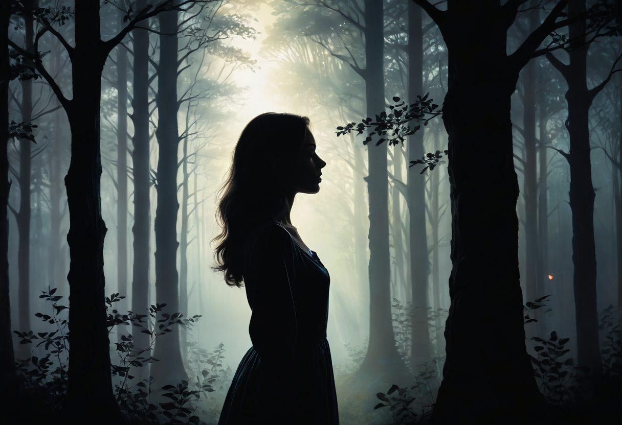 A silhouette of a woman standing at the edge of a dimly lit forest, with beams of soft light breaking through the trees, illuminating her face filled with hope. Surround her with ethereal elements like floating hearts and glowing orbs that symbolize connection and emotion. The background should evoke a sense of mystery while highlighting the theme of empowerment. painting. soft pastels. moody atmosphere.